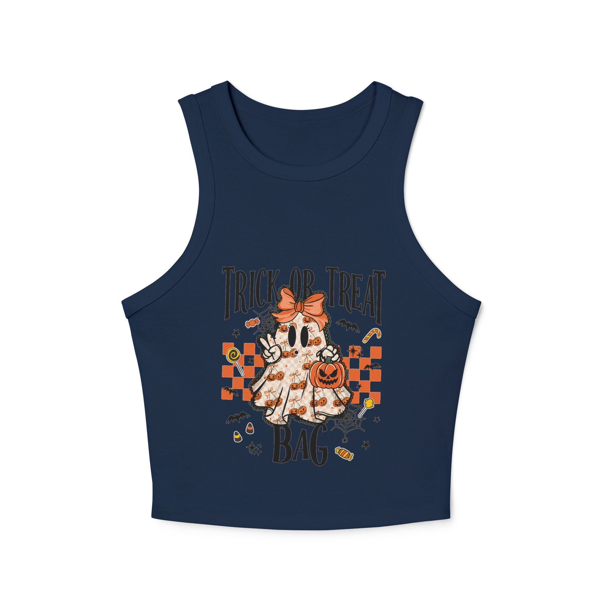 Trick or Treat Ghost Tank Top, Cute Halloween Pumpkin Design, Spooky Season Candy Graphic Top, Fall Aesthetic Halloween Shirt