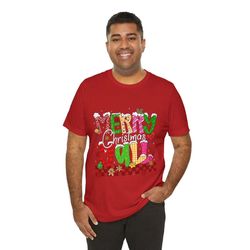 Merry Christmas Y’all Shirt, Colorful Christmas T-Shirt, Retro Holiday Tee, Cute Festive Graphic Tee for Women