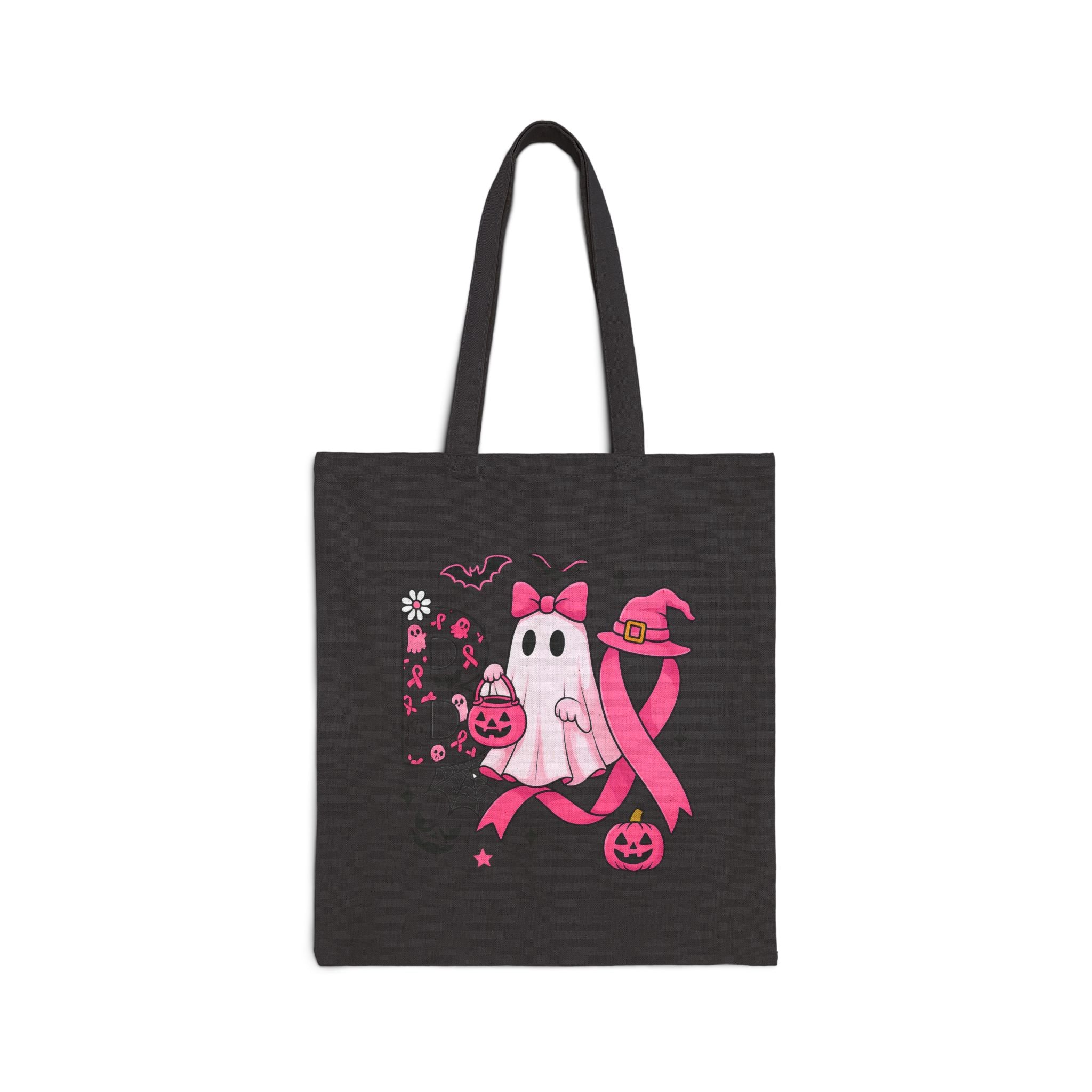 Pink Boo Ghost Tote Bag, Breast Cancer Awareness Halloween Bag, Cute Ghost with Bow and Pumpkin Tote, Spooky Season Gift for Her