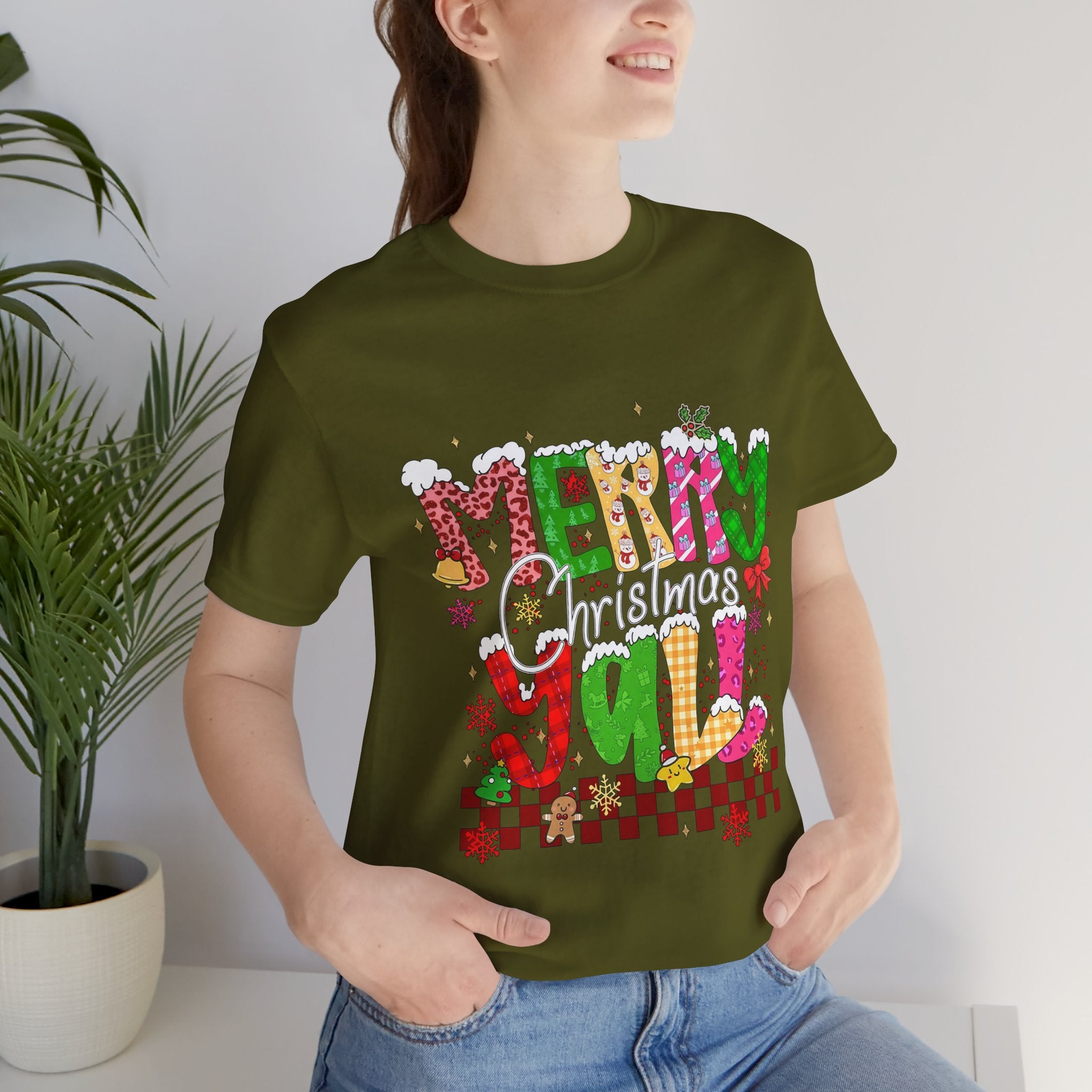 Merry Christmas Y’all Shirt, Colorful Christmas T-Shirt, Retro Holiday Tee, Cute Festive Graphic Tee for Women