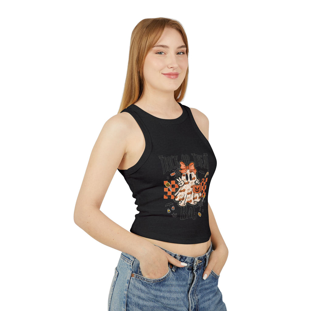 Trick or Treat Ghost Tank Top, Cute Halloween Pumpkin Design, Spooky Season Candy Graphic Top, Fall Aesthetic Halloween Shirt