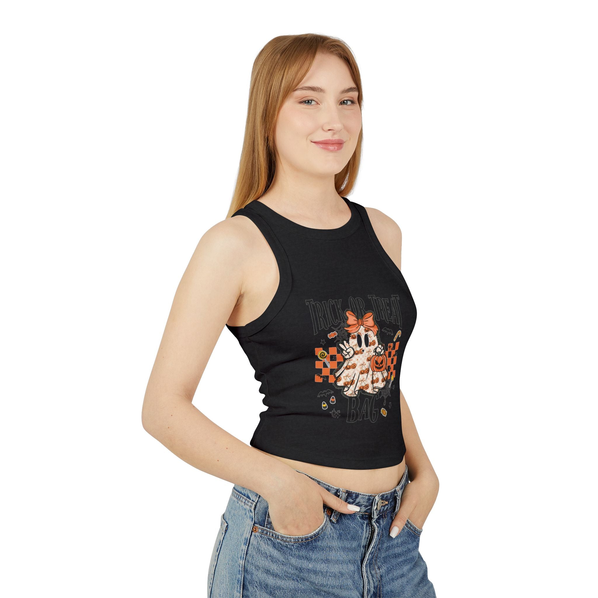 Trick or Treat Ghost Tank Top, Cute Halloween Pumpkin Design, Spooky Season Candy Graphic Top, Fall Aesthetic Halloween Shirt