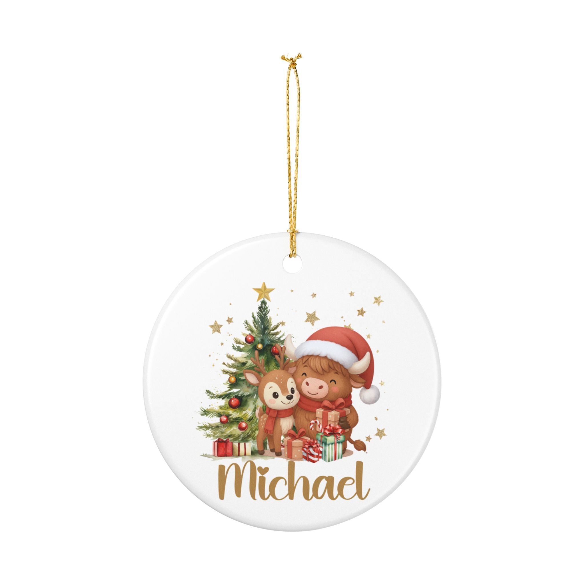 Personalized Christmas Ornament, Cute Highland Cow and Reindeer Design, Custom Name Holiday Gift, Kids Christmas Decoration