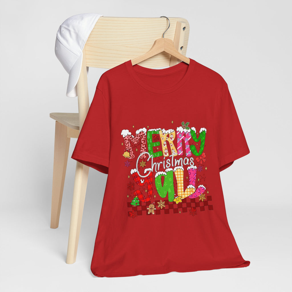 Merry Christmas Y’all Shirt, Colorful Christmas T-Shirt, Retro Holiday Tee, Cute Festive Graphic Tee for Women