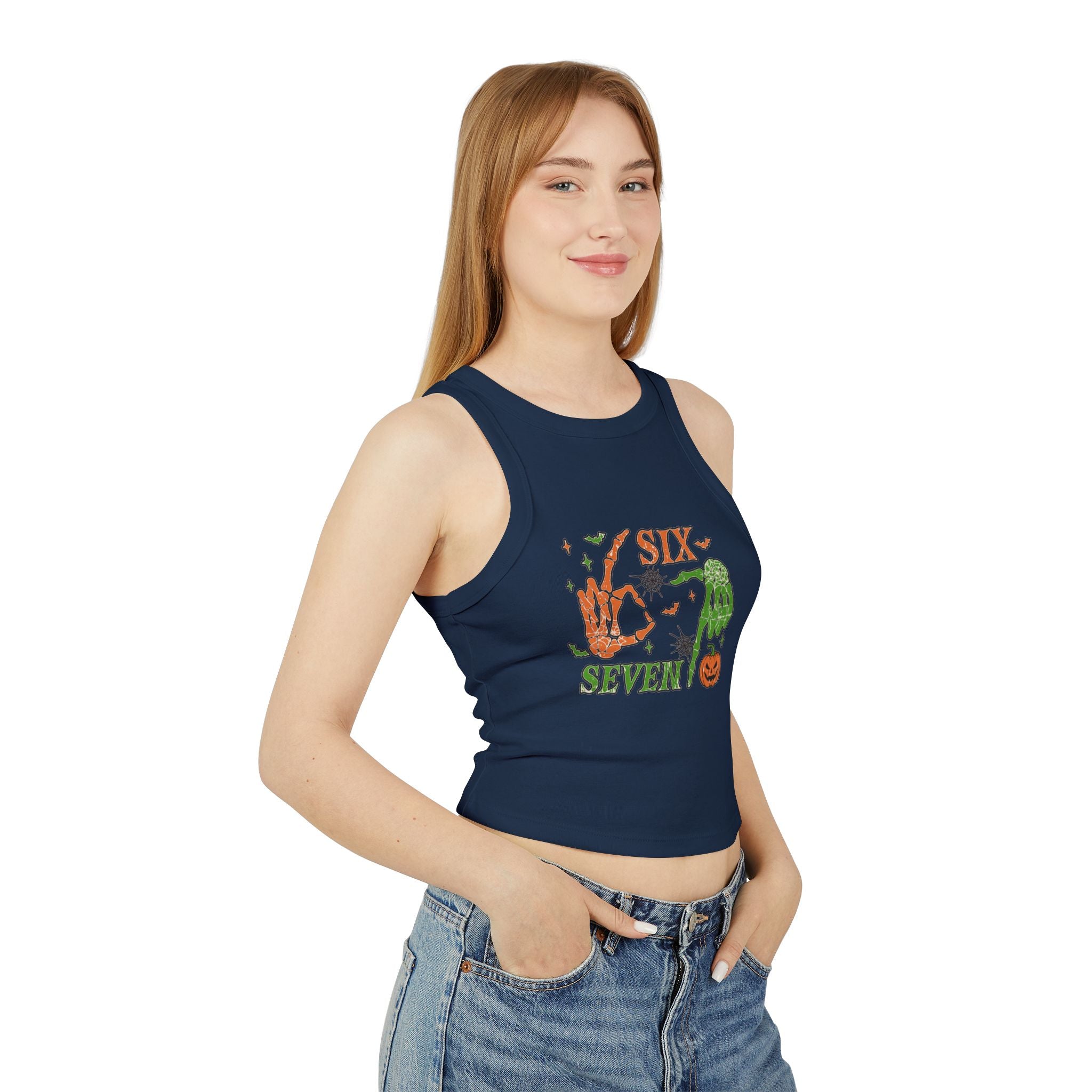 Halloween Six Seven Tank Top, Skeleton Hand Spooky Design, Pumpkin and Spider Web Graphic Tee, Funny Halloween Party Shirt, Trendy Tee
