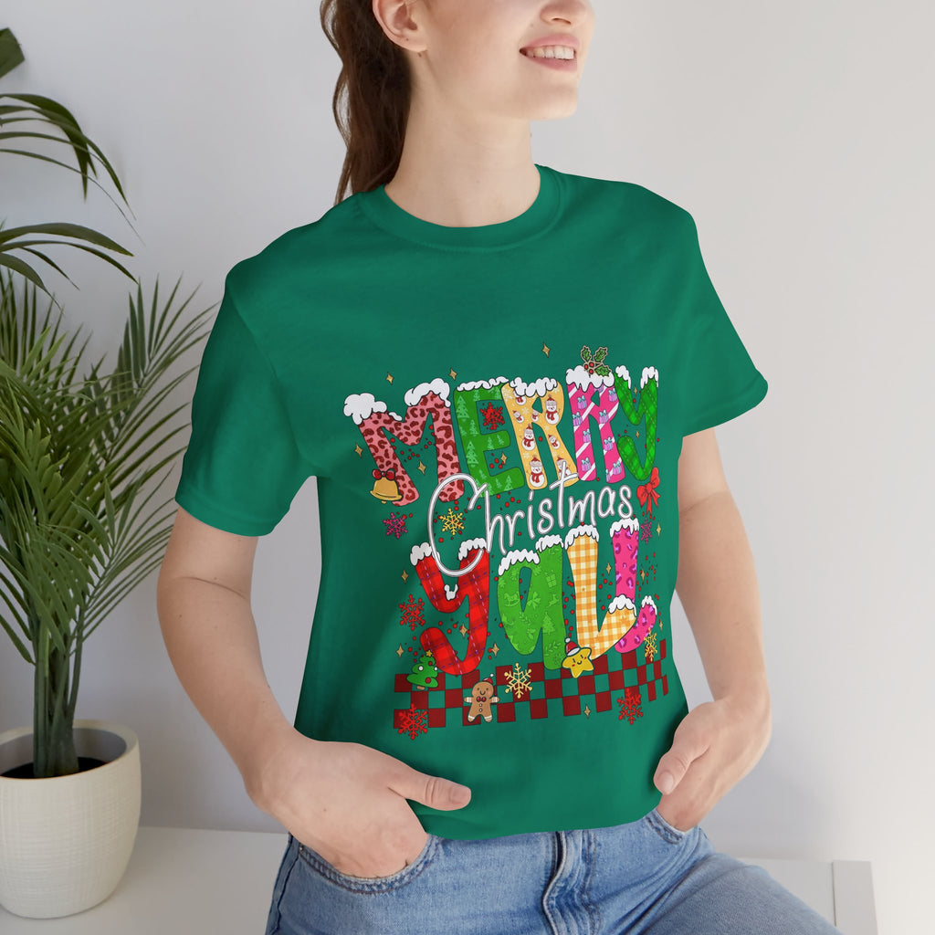 Merry Christmas Y’all Shirt, Colorful Christmas T-Shirt, Retro Holiday Tee, Cute Festive Graphic Tee for Women