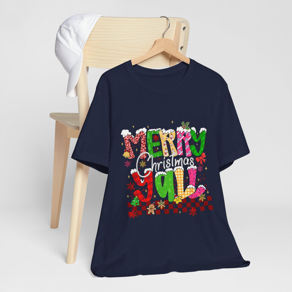 Merry Christmas Y’all Shirt, Colorful Christmas T-Shirt, Retro Holiday Tee, Cute Festive Graphic Tee for Women