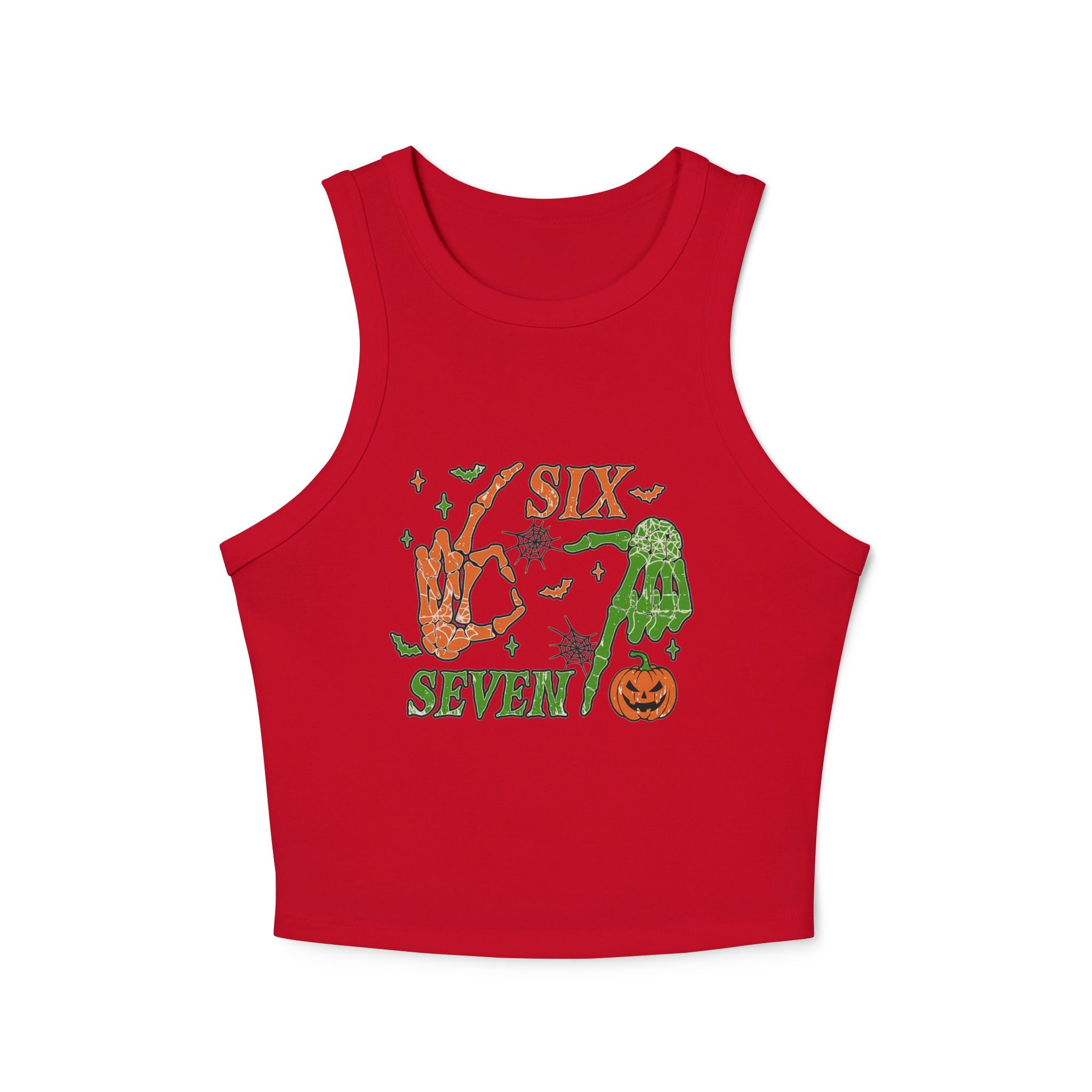 Halloween Six Seven Tank Top, Skeleton Hand Spooky Design, Pumpkin and Spider Web Graphic Tee, Funny Halloween Party Shirt, Trendy Tee