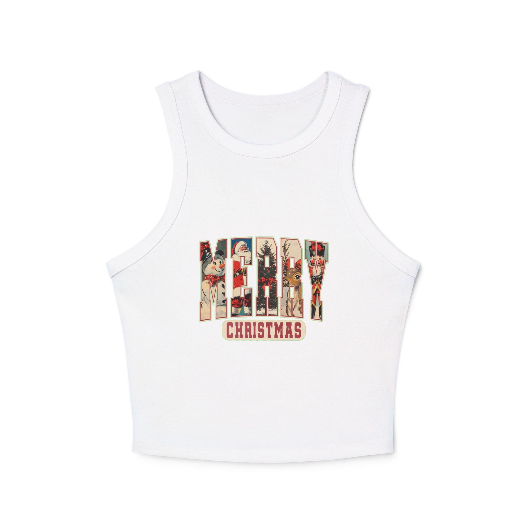 Merry Christmas Tank Top, Vintage Holiday Letter Design, Retro Santa Reindeer and Snowman Graphic Tee, Festive Christmas Gift Shirt