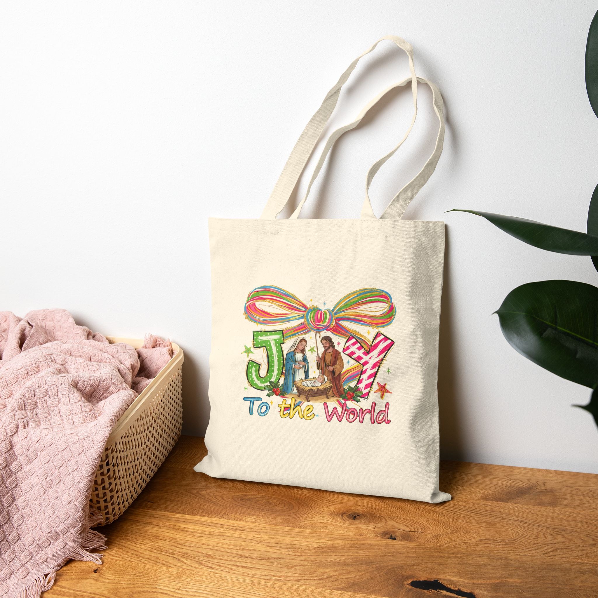 Joy to the World Christmas Tote Bag, Nativity Scene with Mary Joseph and Baby Jesus, Religious Holiday Gift Bag, Christian Tote