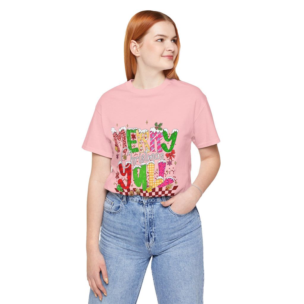 Merry Christmas Y’all Shirt, Colorful Christmas T-Shirt, Retro Holiday Tee, Cute Festive Graphic Tee for Women