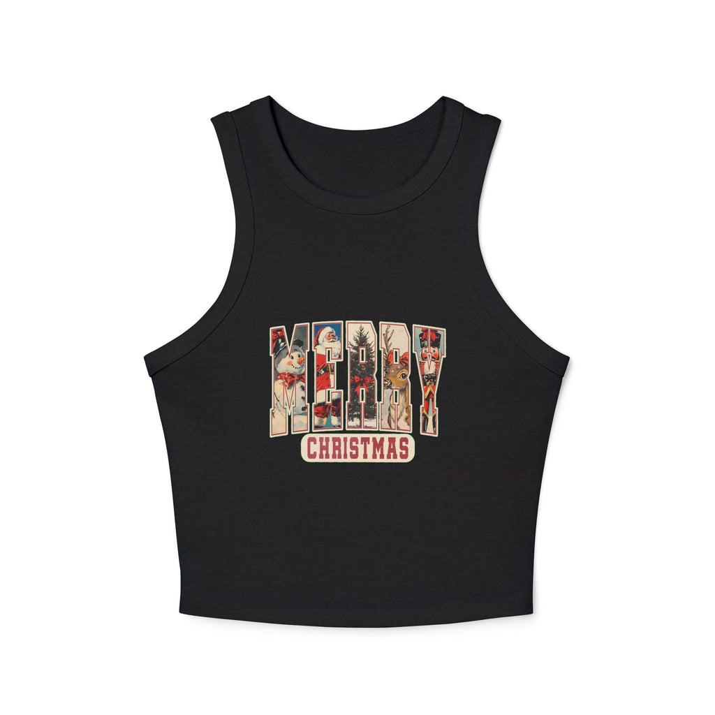 Merry Christmas Tank Top, Vintage Holiday Letter Design, Retro Santa Reindeer and Snowman Graphic Tee, Festive Christmas Gift Shirt