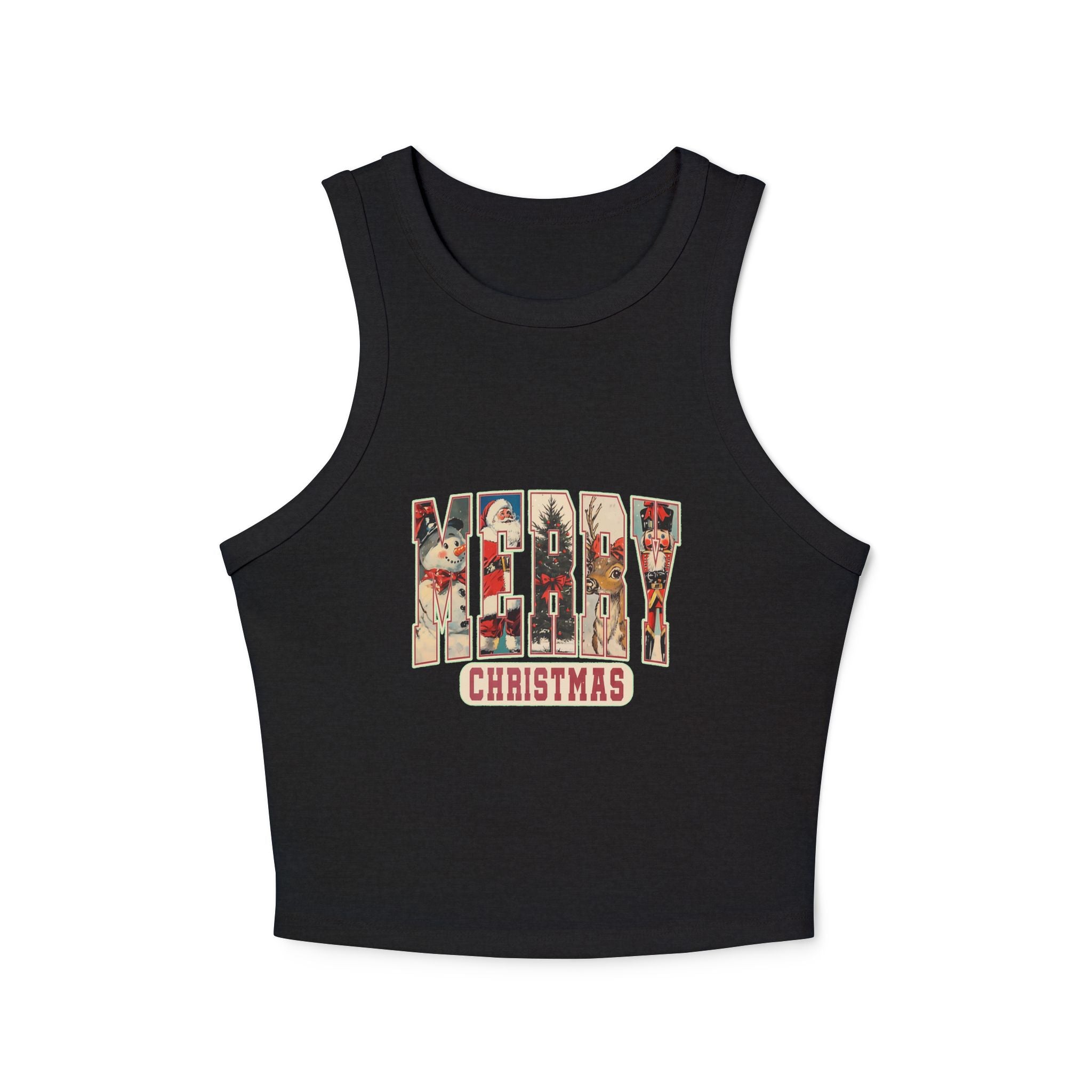 Merry Christmas Tank Top, Vintage Holiday Letter Design, Retro Santa Reindeer and Snowman Graphic Tee, Festive Christmas Gift Shirt