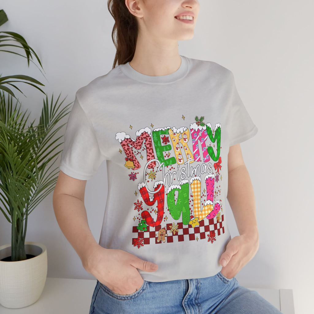 Merry Christmas Y’all Shirt, Colorful Christmas T-Shirt, Retro Holiday Tee, Cute Festive Graphic Tee for Women