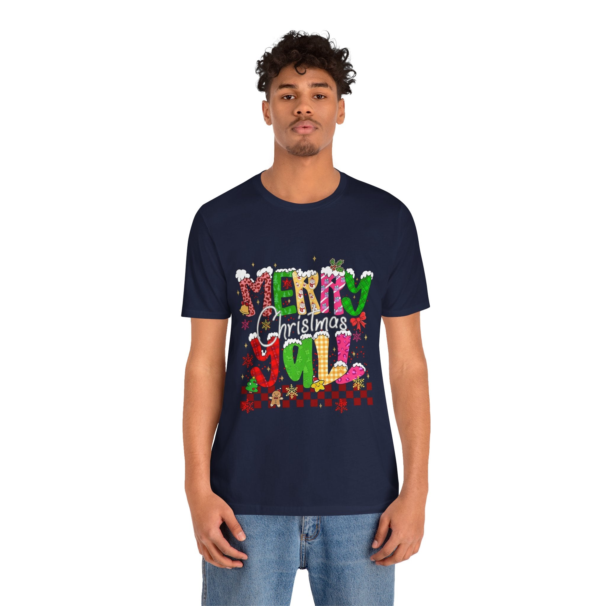 Merry Christmas Y’all Shirt, Colorful Christmas T-Shirt, Retro Holiday Tee, Cute Festive Graphic Tee for Women