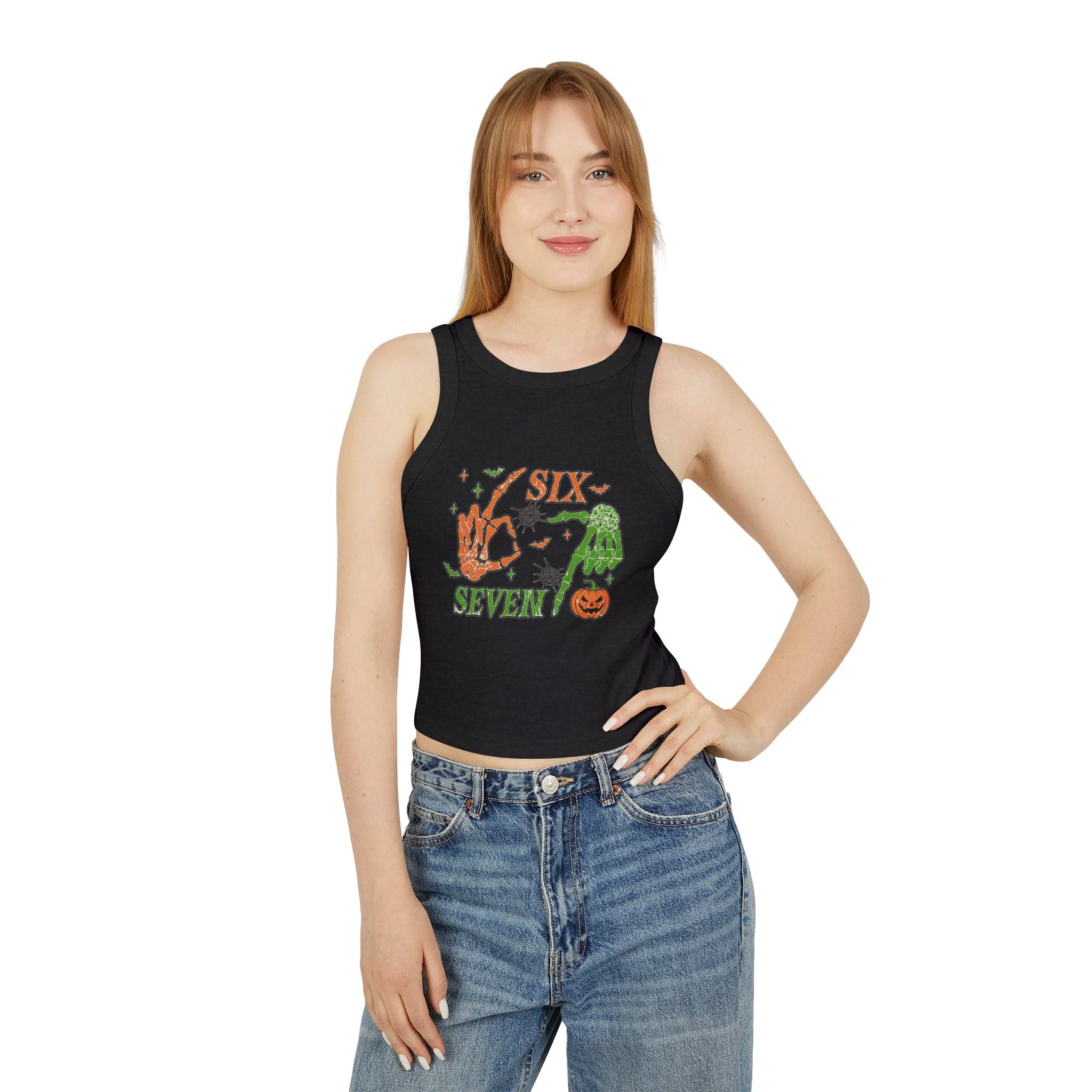 Halloween Six Seven Tank Top, Skeleton Hand Spooky Design, Pumpkin and Spider Web Graphic Tee, Funny Halloween Party Shirt, Trendy Tee