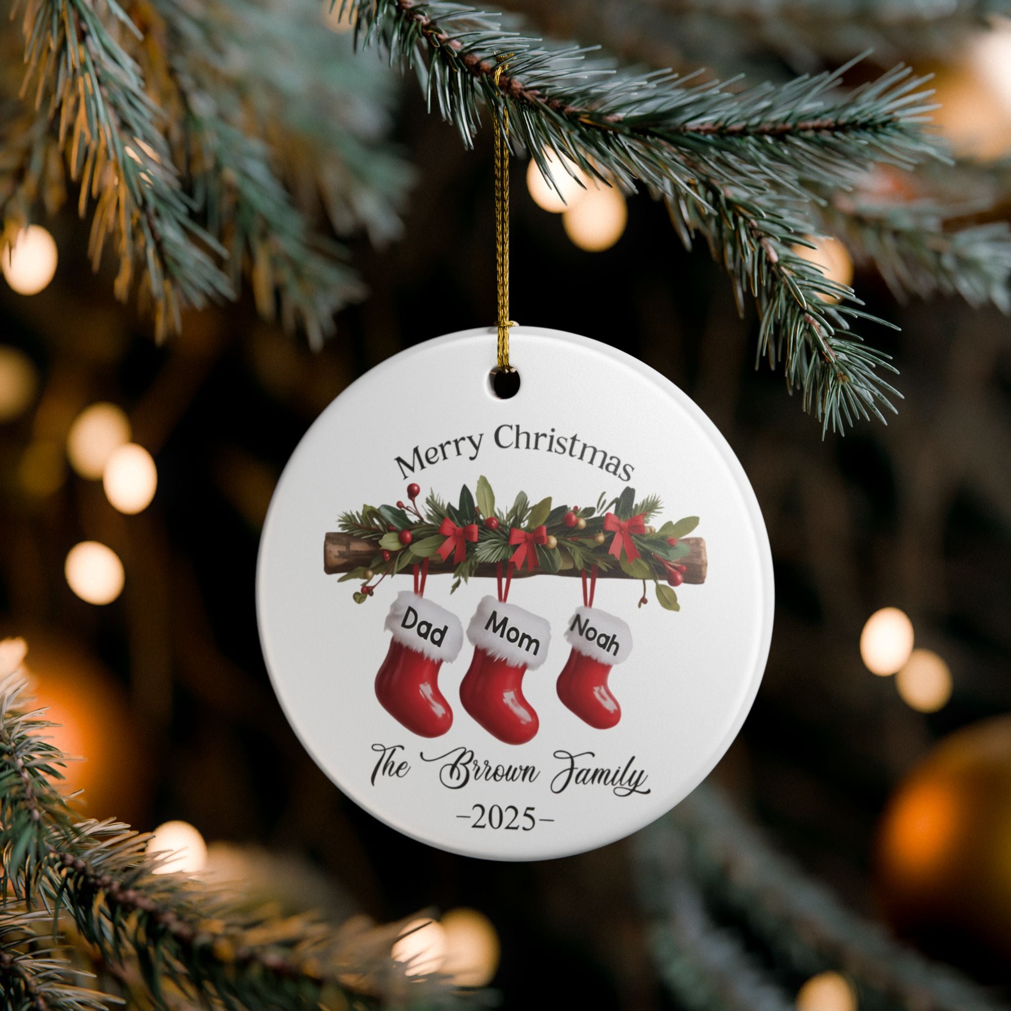 Personalized Family of Three Ceramic Christmas Ornament 2025, Custom New Family Ornament, Baby's First Christmas Ornament