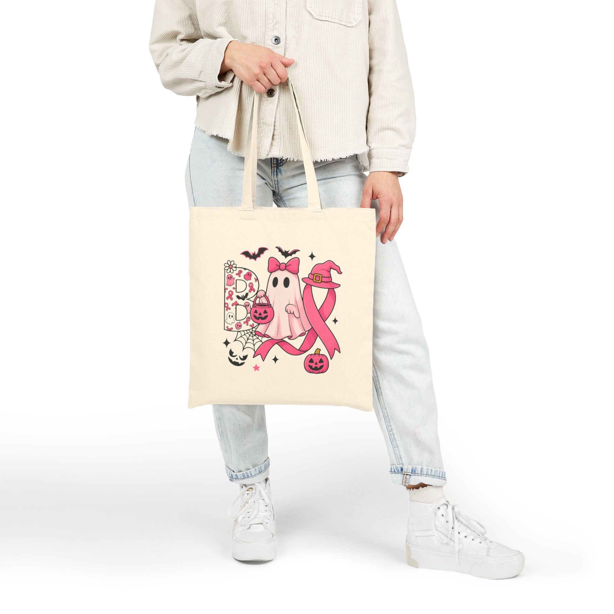 Pink Boo Ghost Tote Bag, Breast Cancer Awareness Halloween Bag, Cute Ghost with Bow and Pumpkin Tote, Spooky Season Gift for Her