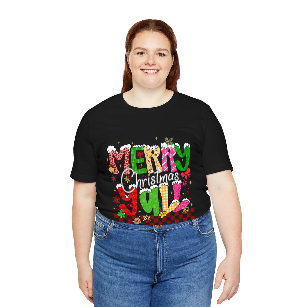 Merry Christmas Y’all Shirt, Colorful Christmas T-Shirt, Retro Holiday Tee, Cute Festive Graphic Tee for Women