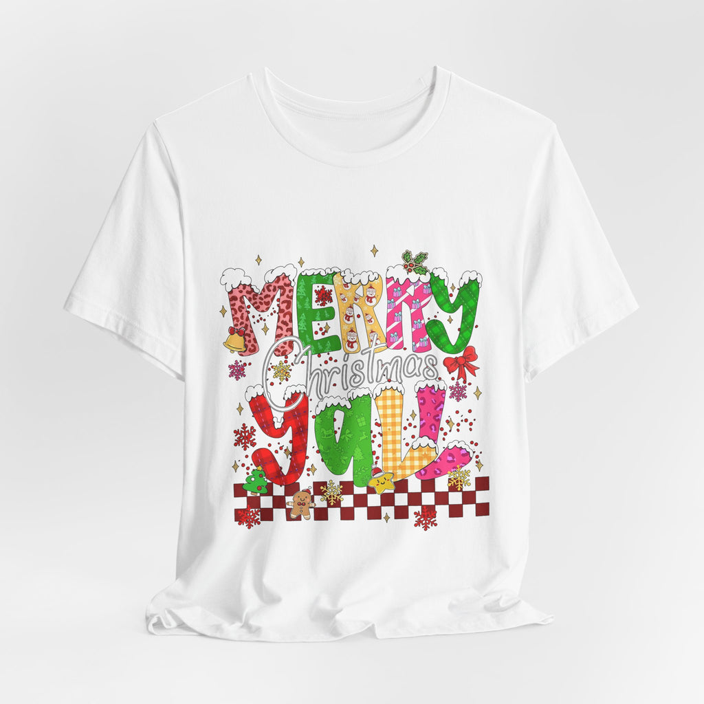 Merry Christmas Y’all Shirt, Colorful Christmas T-Shirt, Retro Holiday Tee, Cute Festive Graphic Tee for Women