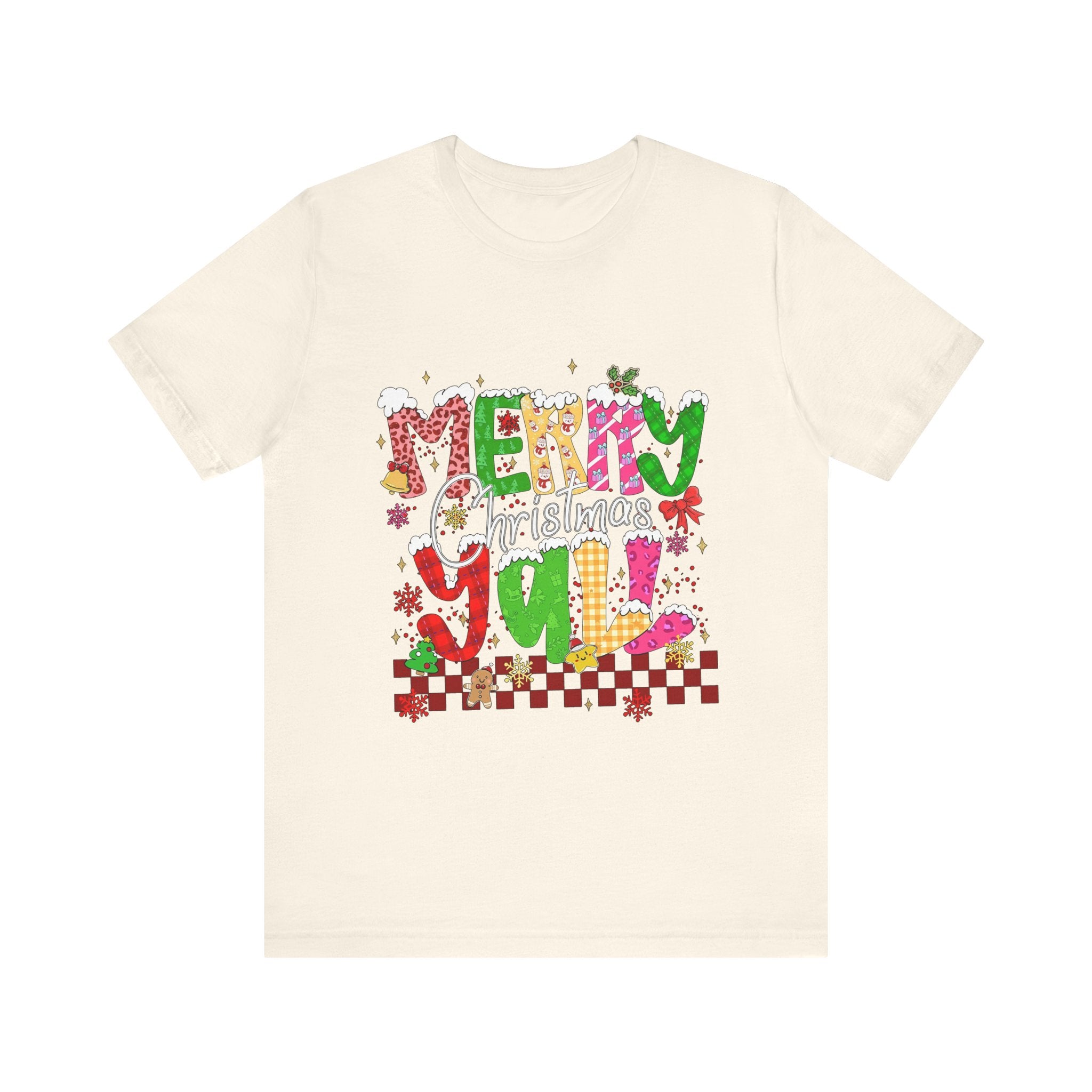 Merry Christmas Y’all Shirt, Colorful Christmas T-Shirt, Retro Holiday Tee, Cute Festive Graphic Tee for Women