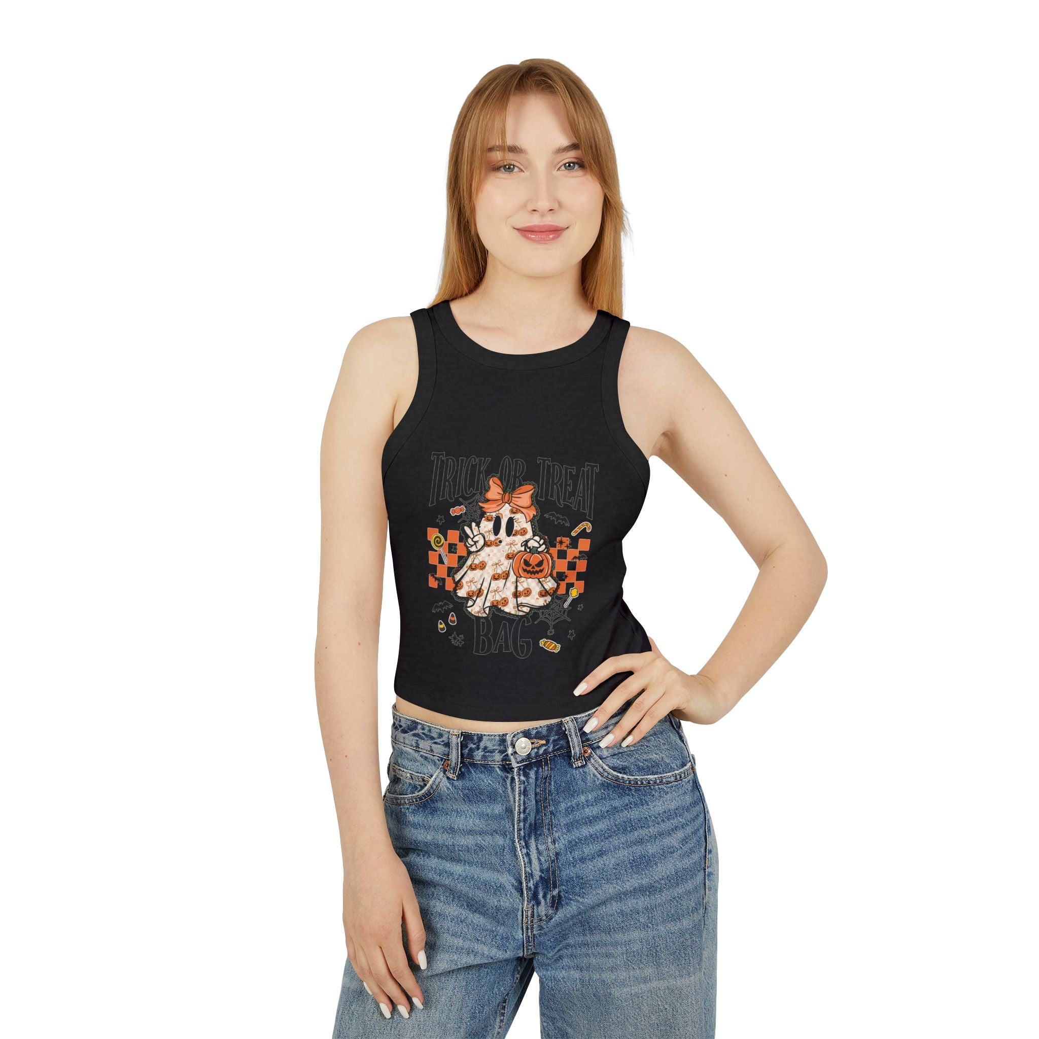 Trick or Treat Ghost Tank Top, Cute Halloween Pumpkin Design, Spooky Season Candy Graphic Top, Fall Aesthetic Halloween Shirt