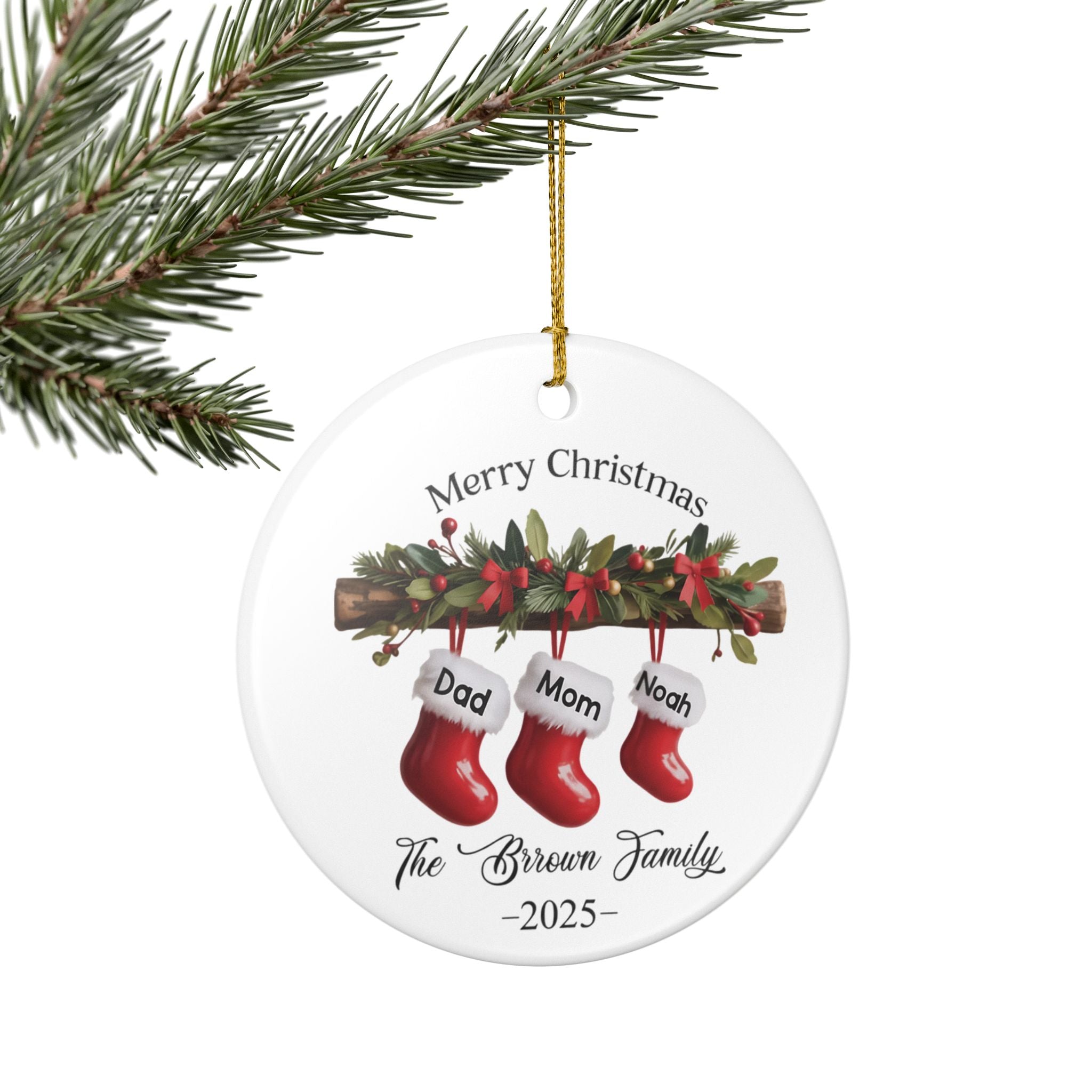 Personalized Family of Three Ceramic Christmas Ornament 2025, Custom New Family Ornament, Baby's First Christmas Ornament