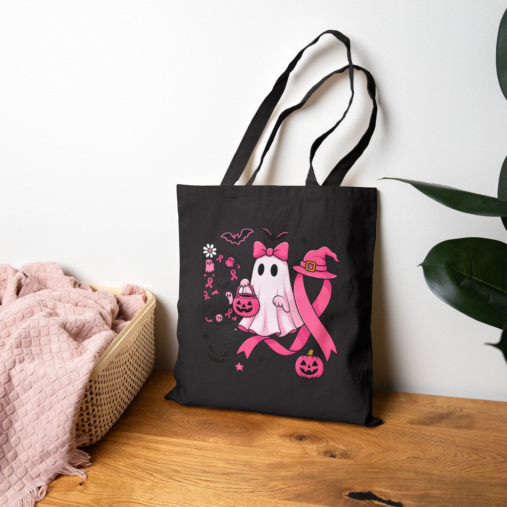 Pink Boo Ghost Tote Bag, Breast Cancer Awareness Halloween Bag, Cute Ghost with Bow and Pumpkin Tote, Spooky Season Gift for Her