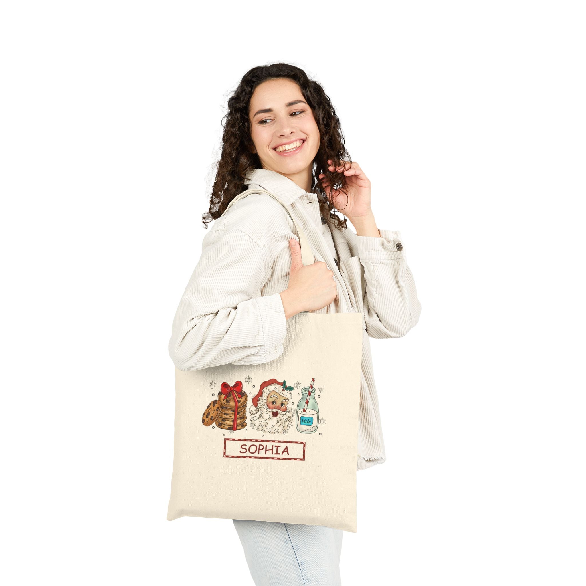 Personalized Santa Cookies and Milk Tote Bag, Custom Name Christmas Tote, Holiday Gift Bag for Kids, Santa Claus Cookie Lover Bag