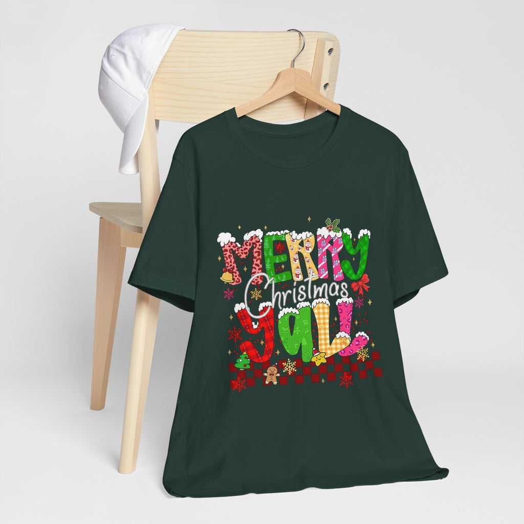 Merry Christmas Y’all Shirt, Colorful Christmas T-Shirt, Retro Holiday Tee, Cute Festive Graphic Tee for Women