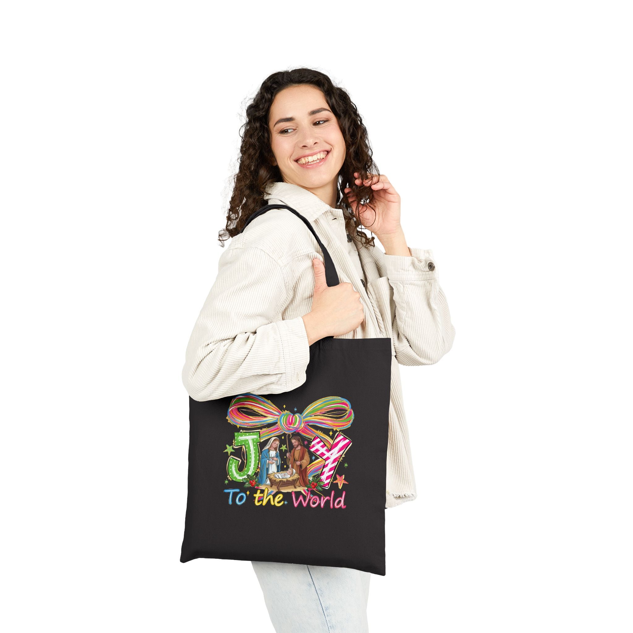 Joy to the World Christmas Tote Bag, Nativity Scene with Mary Joseph and Baby Jesus, Religious Holiday Gift Bag, Christian Tote