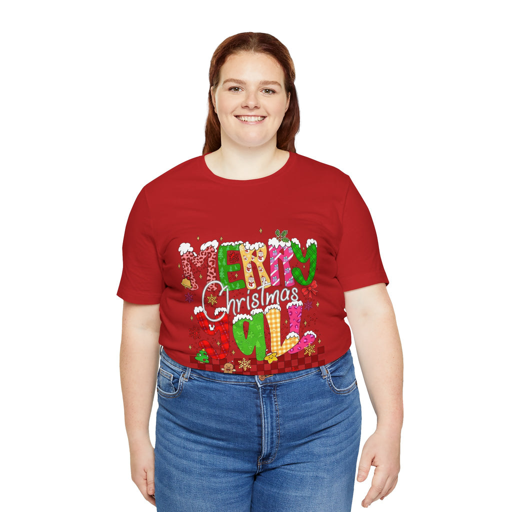 Merry Christmas Y’all Shirt, Colorful Christmas T-Shirt, Retro Holiday Tee, Cute Festive Graphic Tee for Women