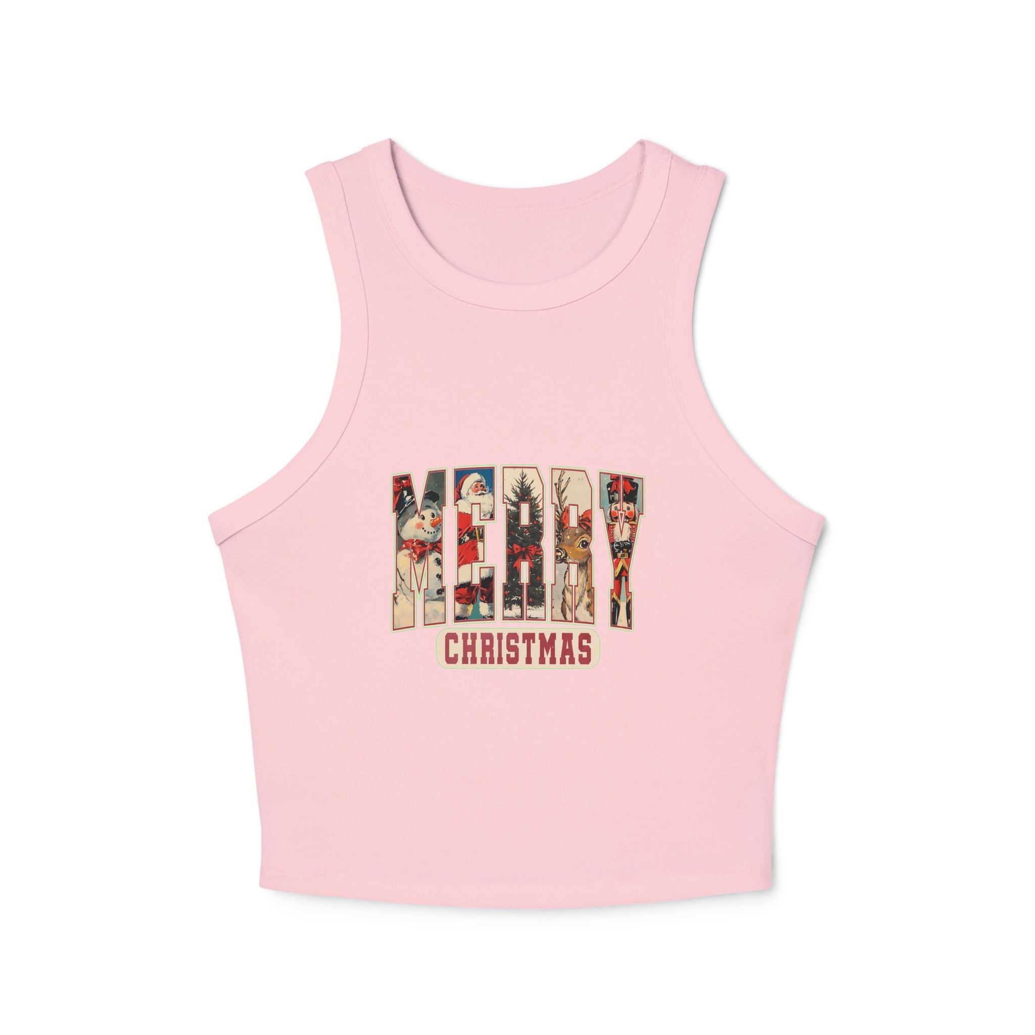 Merry Christmas Tank Top, Vintage Holiday Letter Design, Retro Santa Reindeer and Snowman Graphic Tee, Festive Christmas Gift Shirt