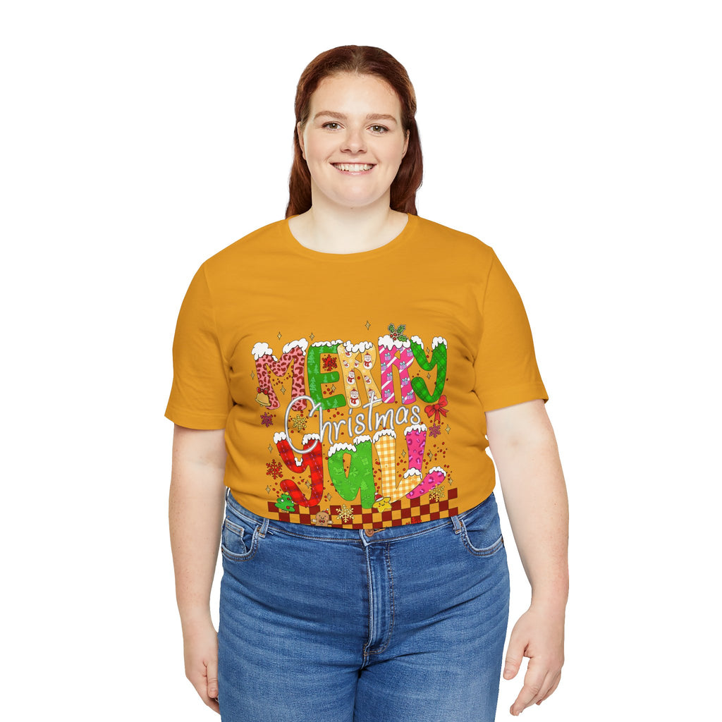 Merry Christmas Y’all Shirt, Colorful Christmas T-Shirt, Retro Holiday Tee, Cute Festive Graphic Tee for Women