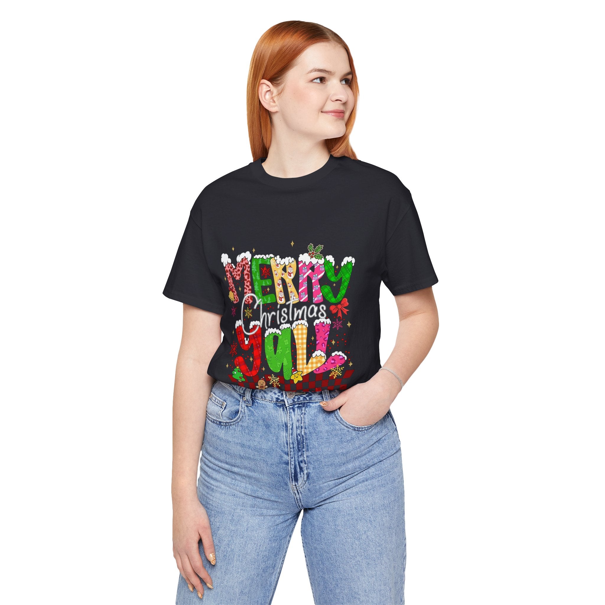 Merry Christmas Y’all Shirt, Colorful Christmas T-Shirt, Retro Holiday Tee, Cute Festive Graphic Tee for Women