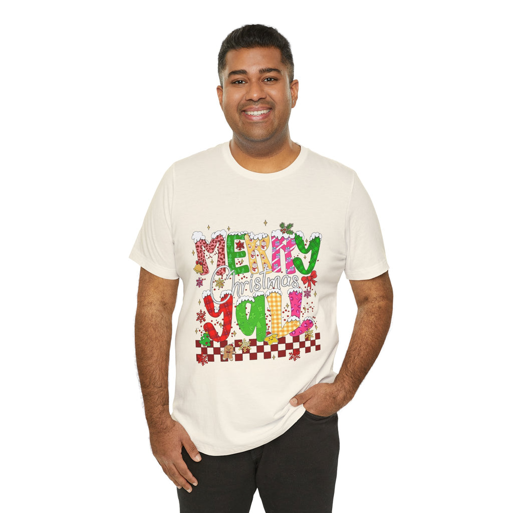 Merry Christmas Y’all Shirt, Colorful Christmas T-Shirt, Retro Holiday Tee, Cute Festive Graphic Tee for Women
