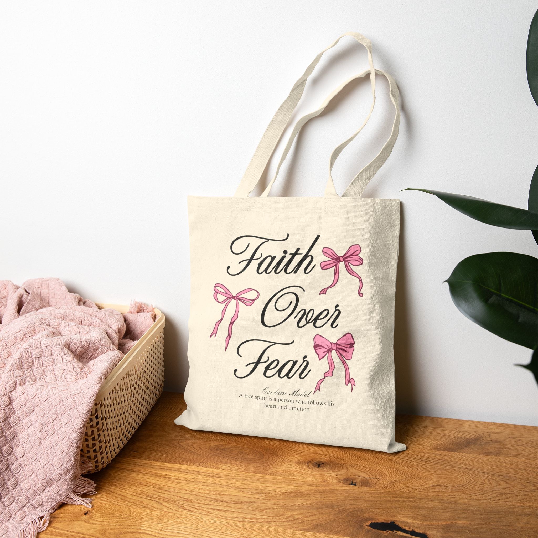 Faith Over Fear Tote Bag, Pink Bow Christian Quote Bag, Bible Verse Inspirational Tote, Coquette Aesthetic Faith Gift for Women
