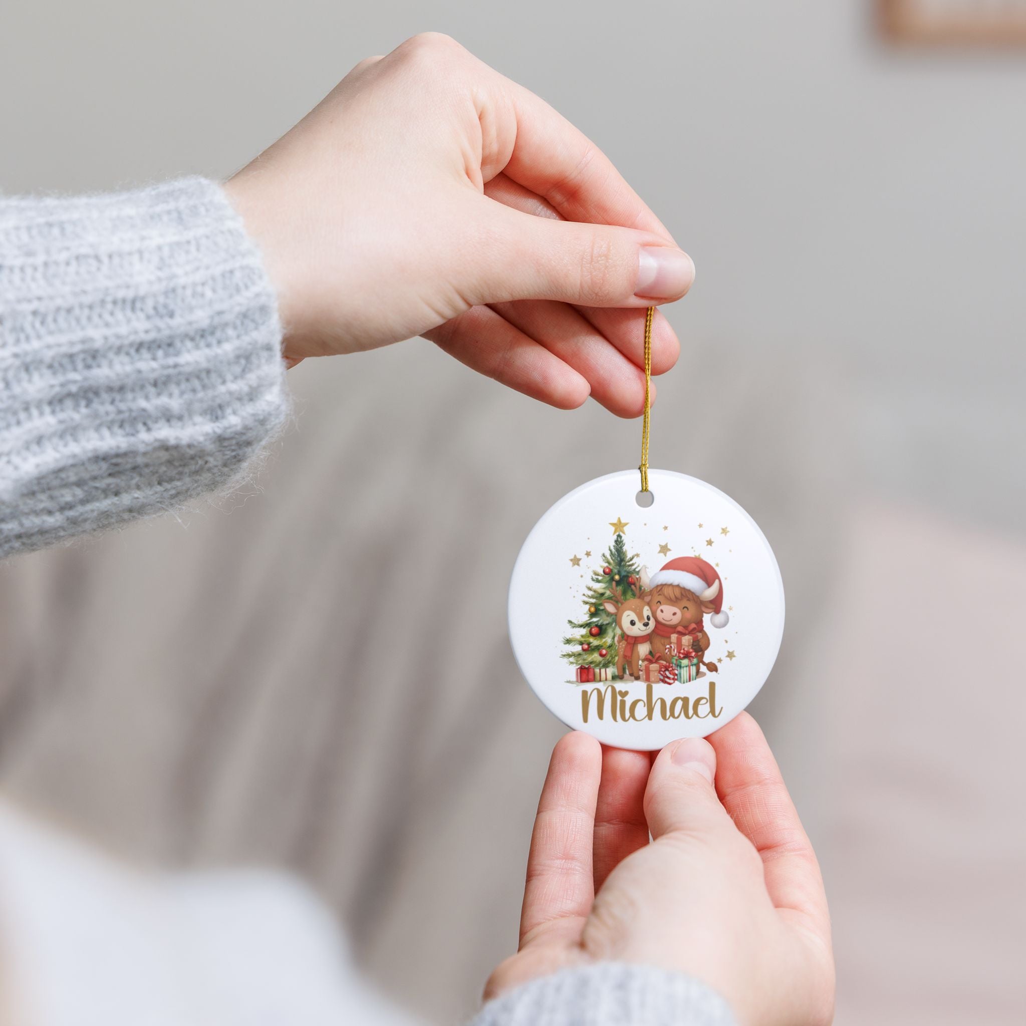 Personalized Christmas Ornament, Cute Highland Cow and Reindeer Design, Custom Name Holiday Gift, Kids Christmas Decoration