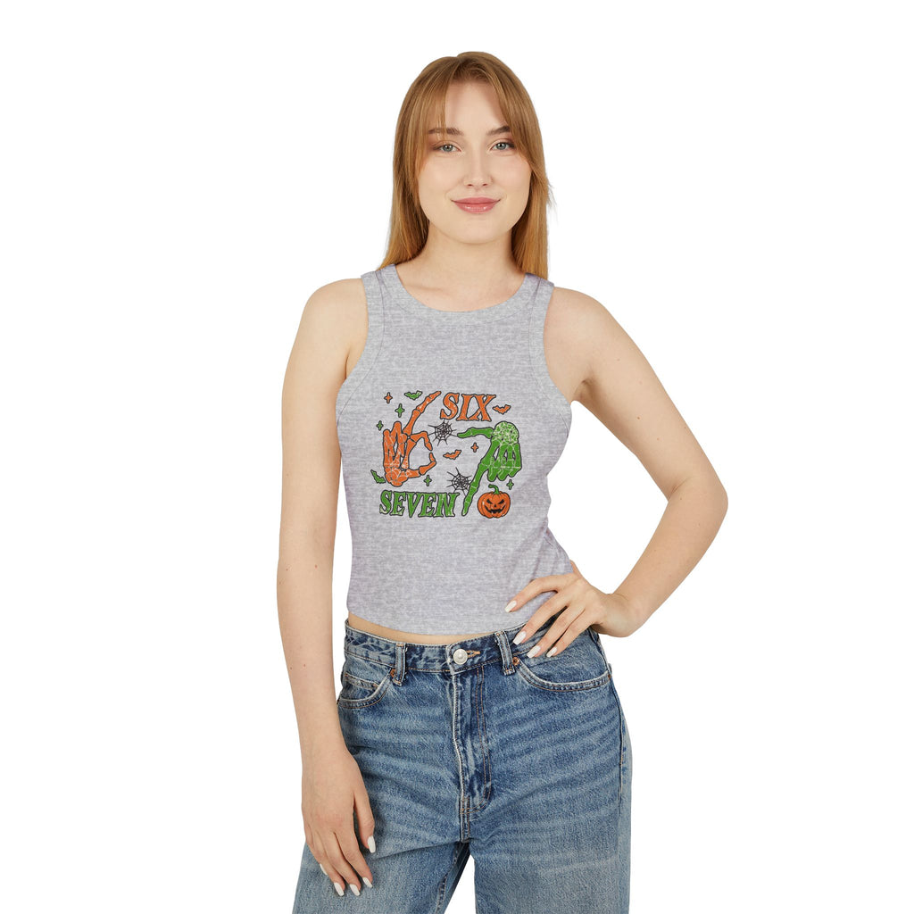 Halloween Six Seven Tank Top, Skeleton Hand Spooky Design, Pumpkin and Spider Web Graphic Tee, Funny Halloween Party Shirt, Trendy Tee