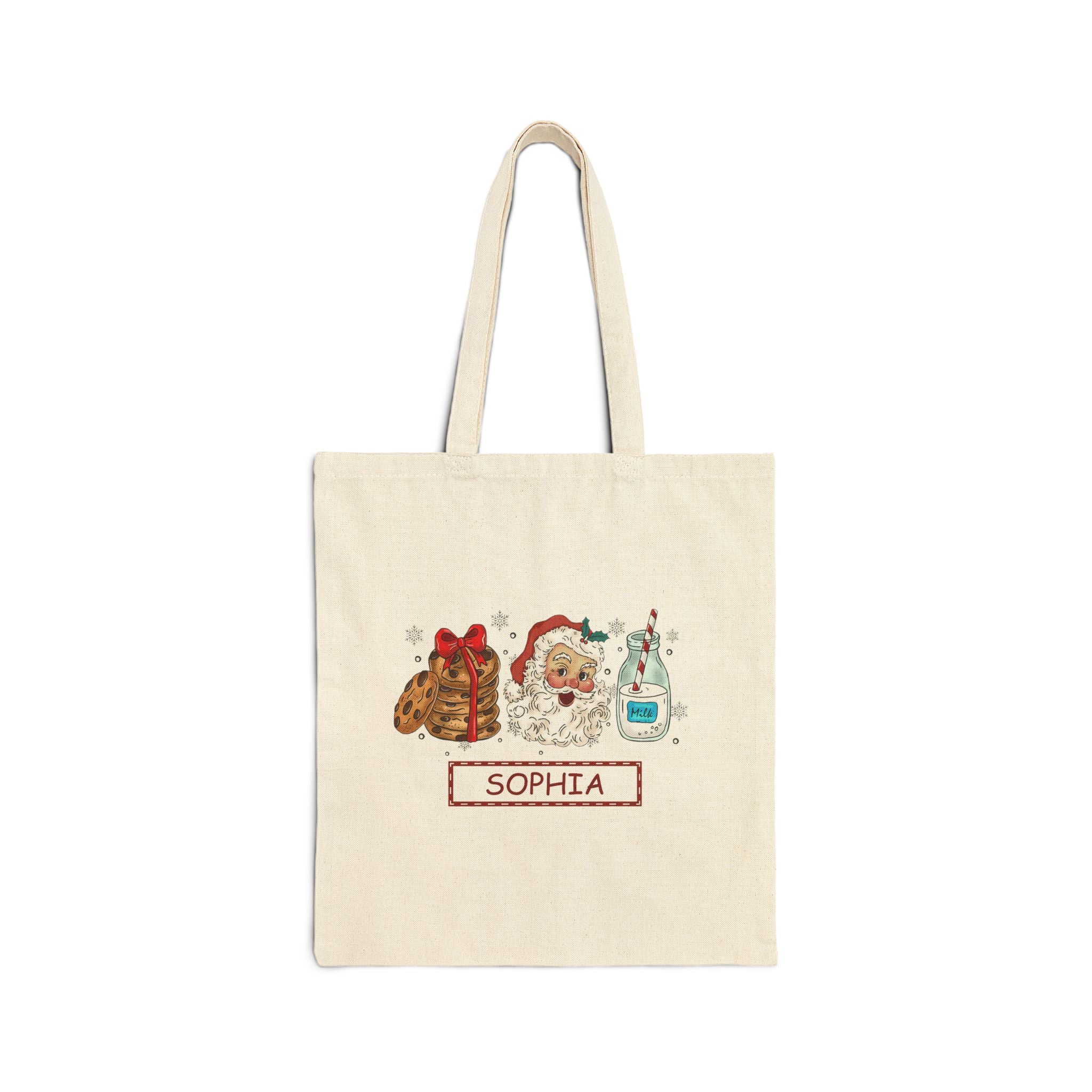 Personalized Santa Cookies and Milk Tote Bag, Custom Name Christmas Tote, Holiday Gift Bag for Kids, Santa Claus Cookie Lover Bag