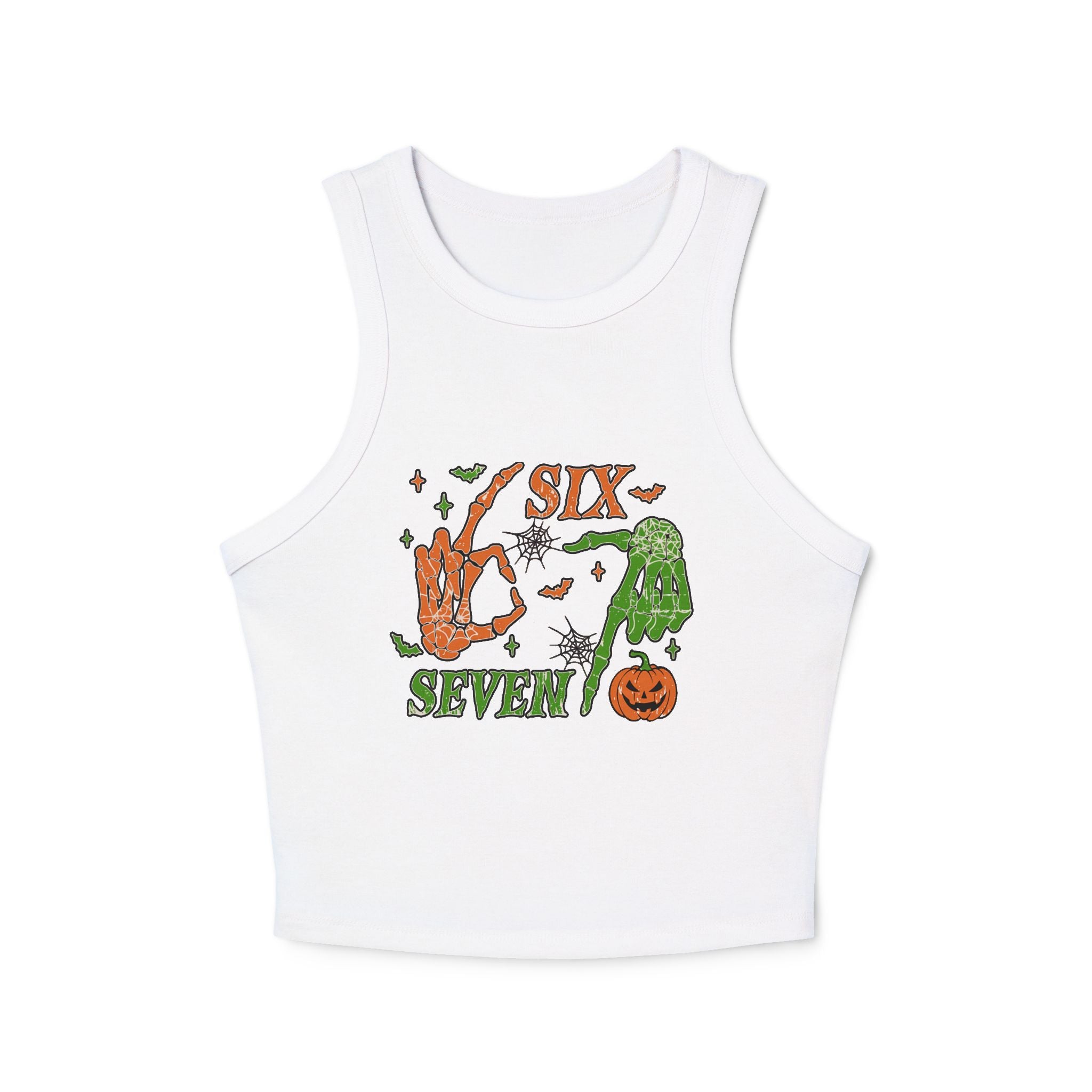 Halloween Six Seven Tank Top, Skeleton Hand Spooky Design, Pumpkin and Spider Web Graphic Tee, Funny Halloween Party Shirt, Trendy Tee