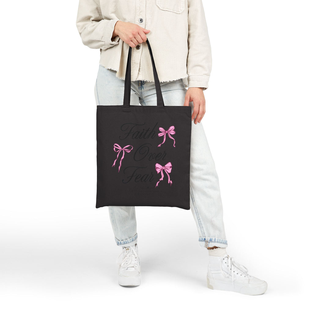 Faith Over Fear Tote Bag, Pink Bow Christian Quote Bag, Bible Verse Inspirational Tote, Coquette Aesthetic Faith Gift for Women