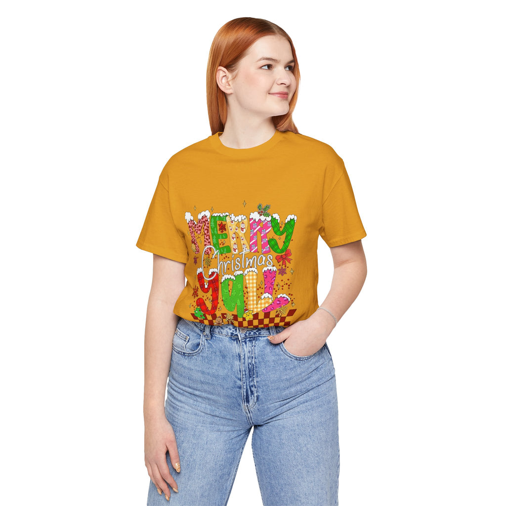Merry Christmas Y’all Shirt, Colorful Christmas T-Shirt, Retro Holiday Tee, Cute Festive Graphic Tee for Women
