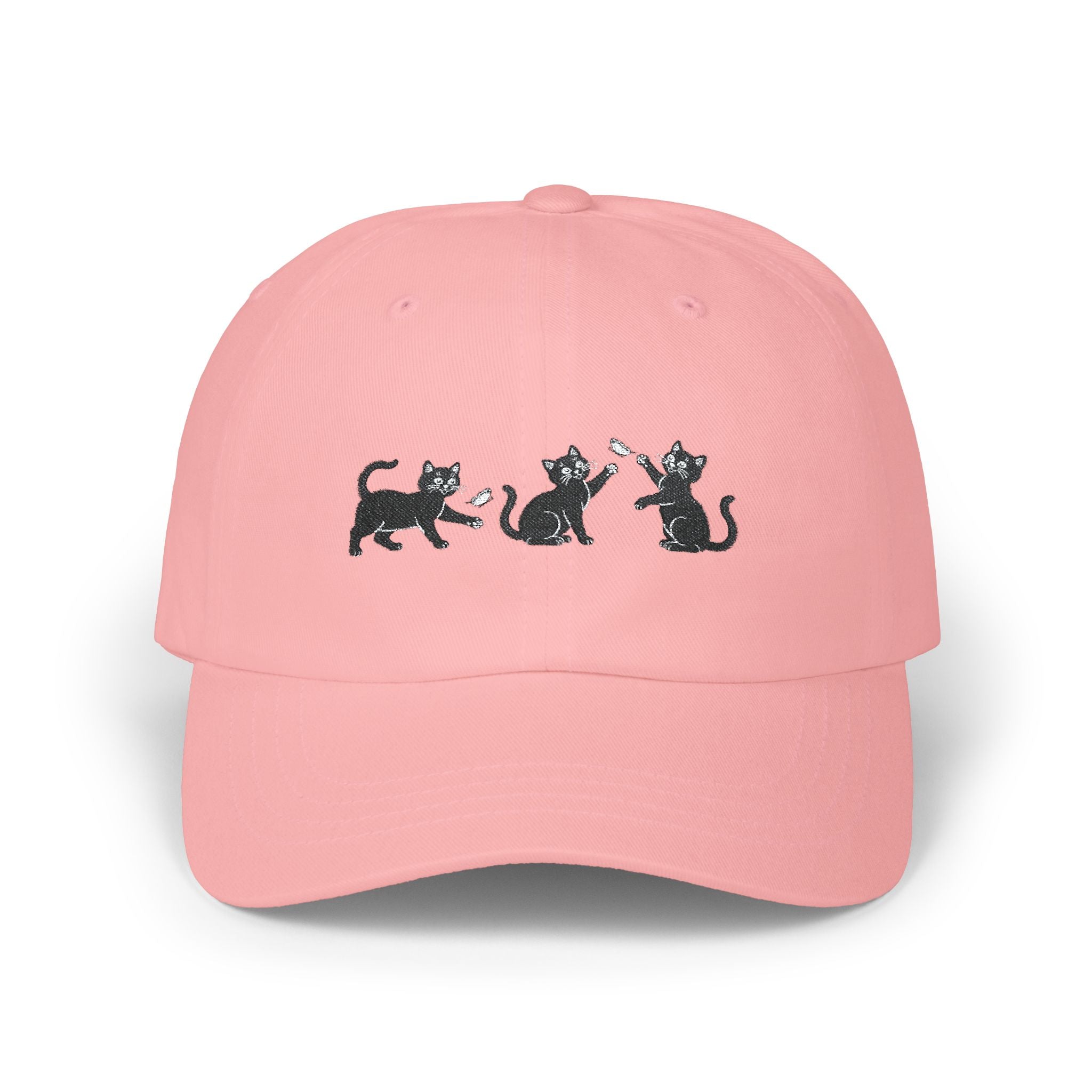 Black Cat and Butterfly Embroidered Hat, Cute Cat Stitch Design Cap, Playful Kitty Baseball Hat, Animal Embroidery Gift, Pet Lover Cap