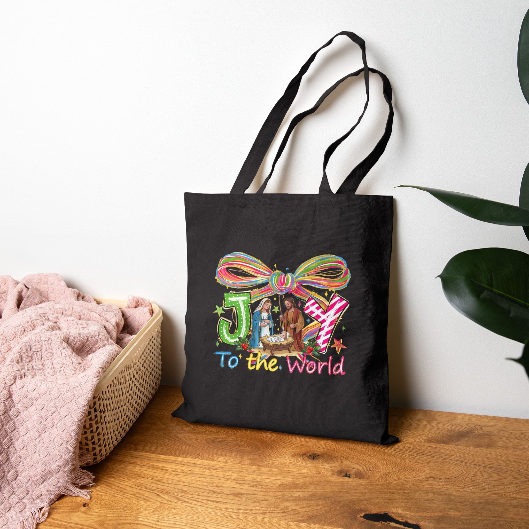 Joy to the World Christmas Tote Bag, Nativity Scene with Mary Joseph and Baby Jesus, Religious Holiday Gift Bag, Christian Tote