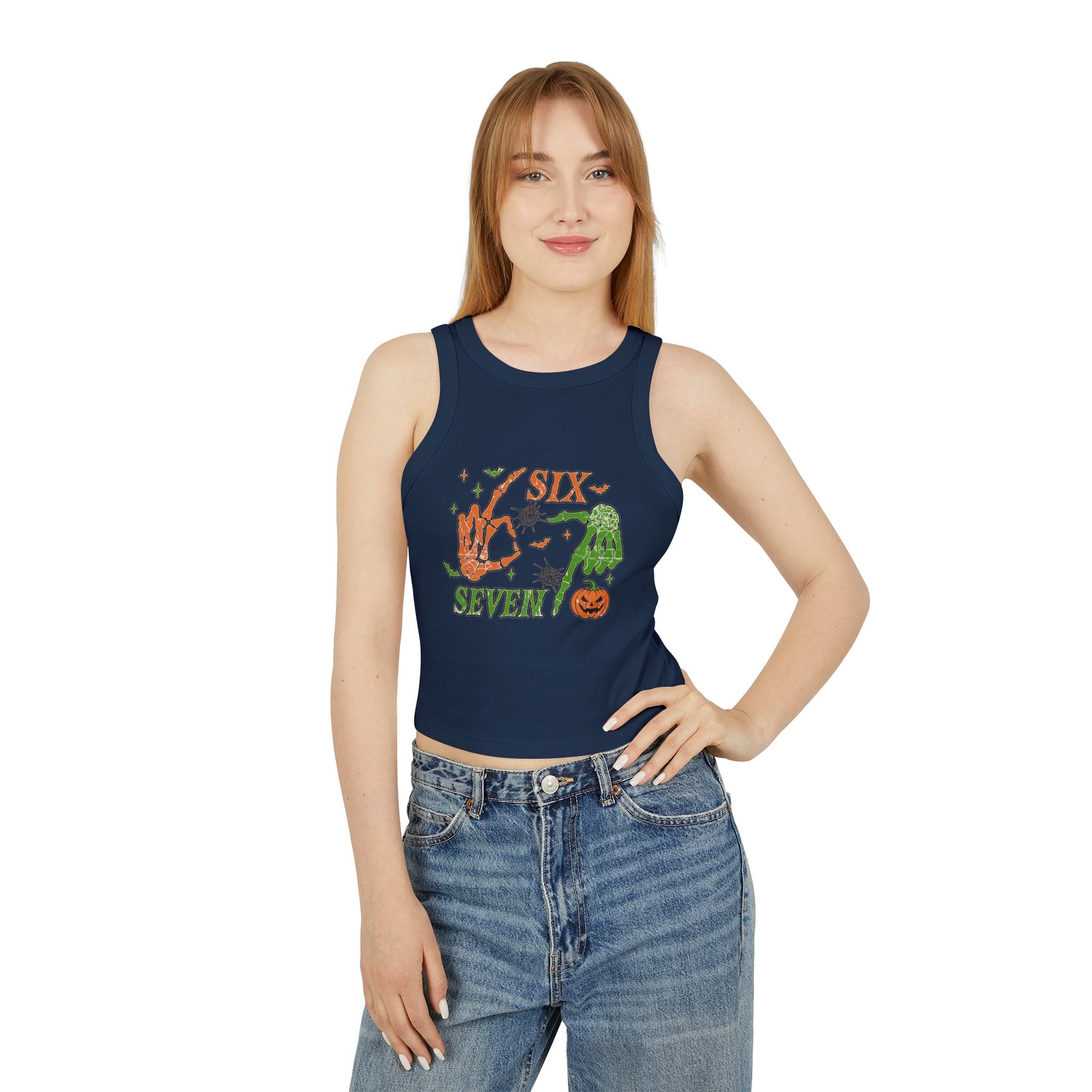 Halloween Six Seven Tank Top, Skeleton Hand Spooky Design, Pumpkin and Spider Web Graphic Tee, Funny Halloween Party Shirt, Trendy Tee