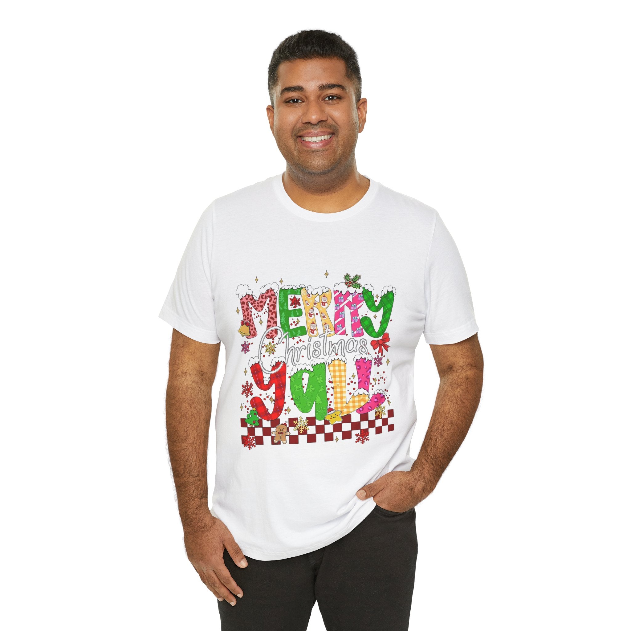 Merry Christmas Y’all Shirt, Colorful Christmas T-Shirt, Retro Holiday Tee, Cute Festive Graphic Tee for Women