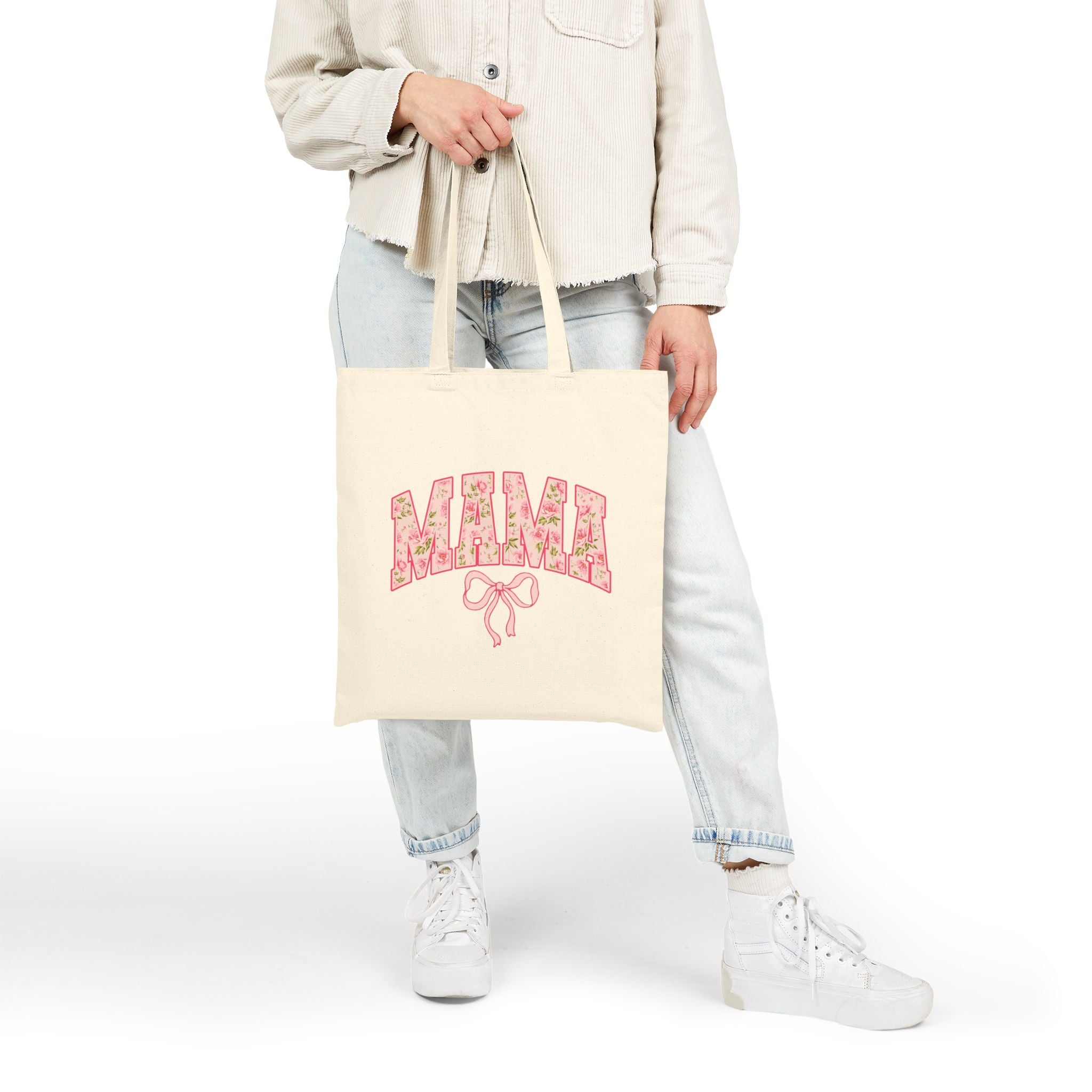 Floral MAMA Tote Bag, Pink Bow and Rose Print Design, Mother’s Day Gift Bag, Vintage Flower Mom Tote, Aesthetic Mama Carryall
