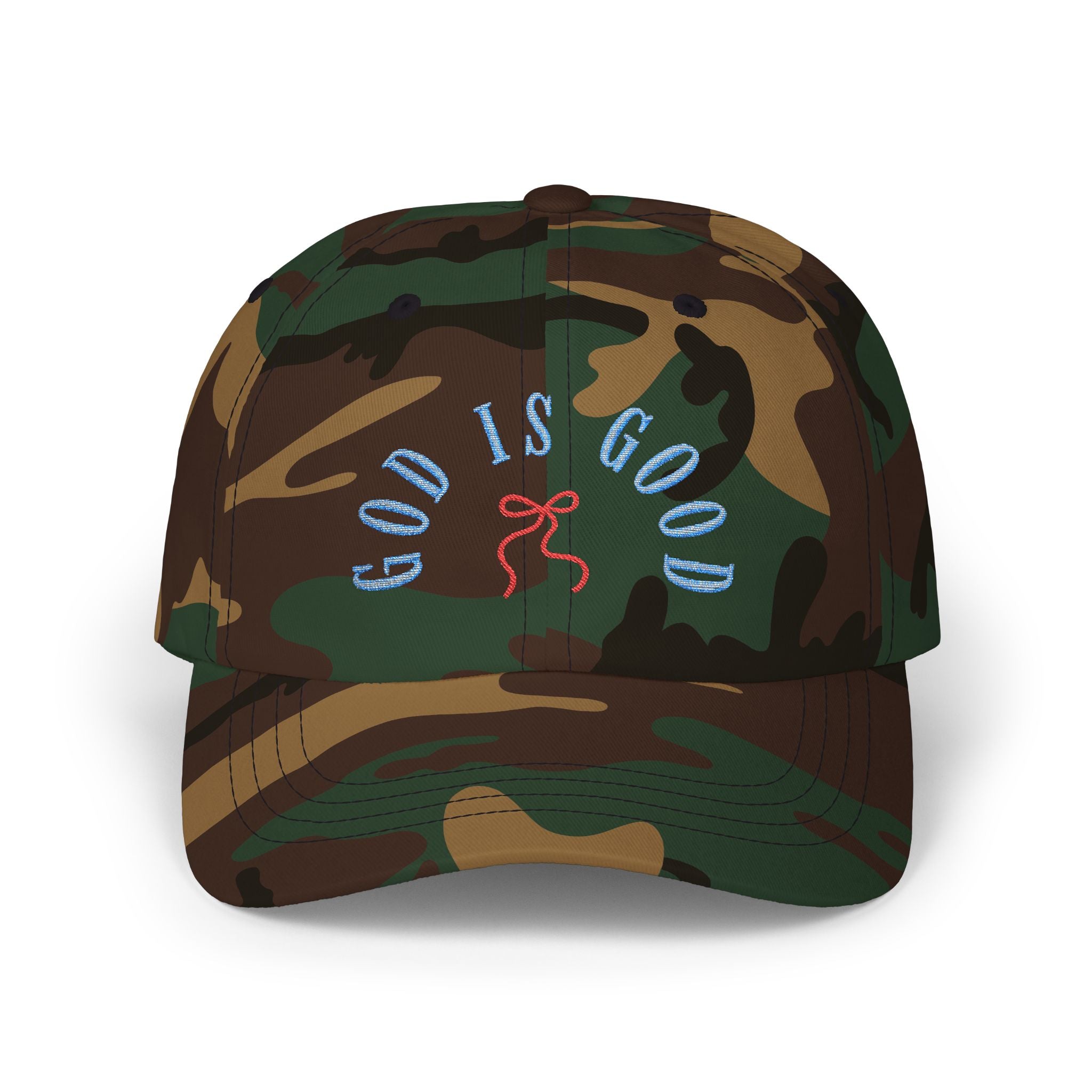 God Is Good Embroidered Hat, Christian Faith Baseball Cap, Blue Letter Red Bow Stitch Design, Religious Quote Dad Hat, Spiritual Gift