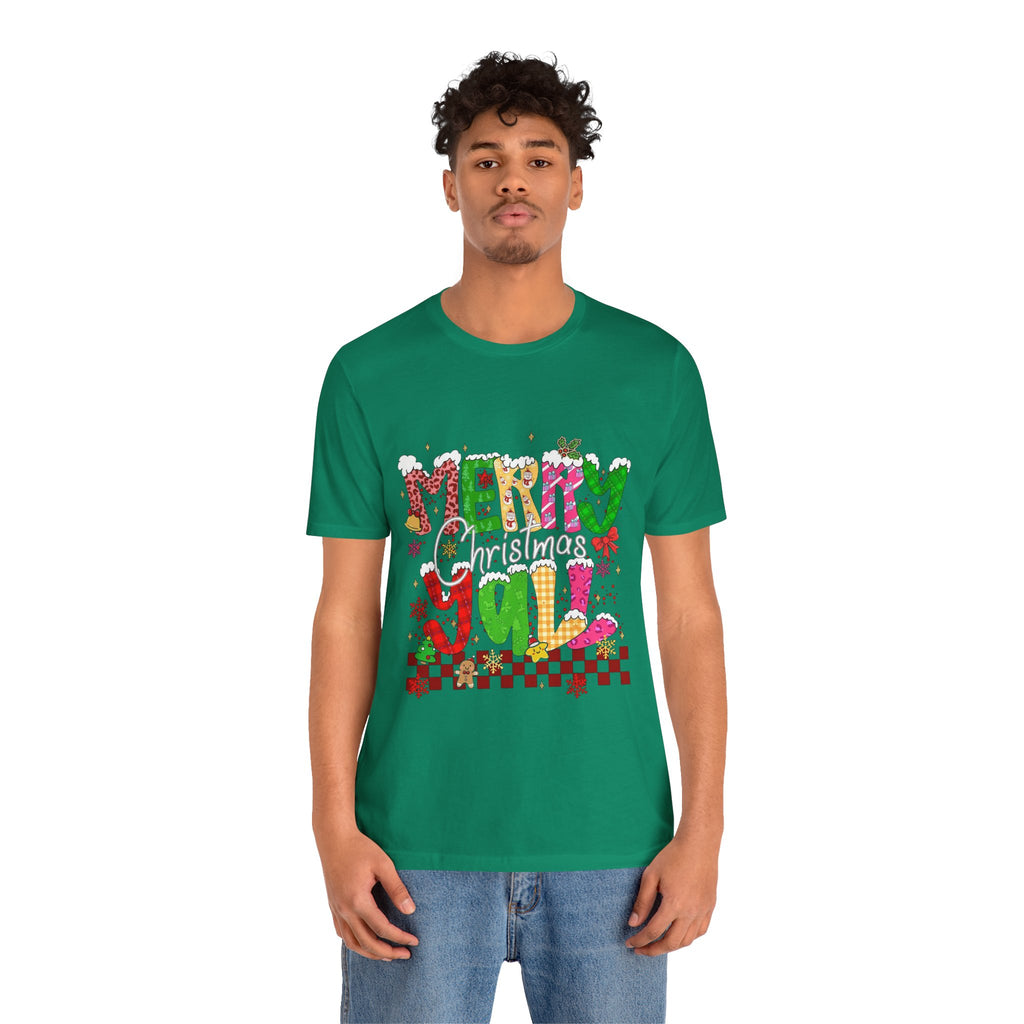 Merry Christmas Y’all Shirt, Colorful Christmas T-Shirt, Retro Holiday Tee, Cute Festive Graphic Tee for Women
